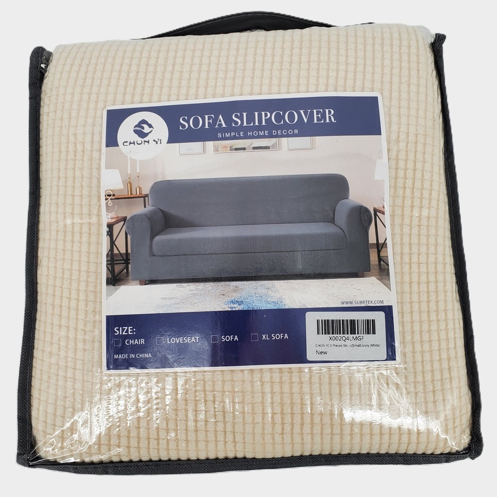 Subrtex Chun Yi Chair Sofa Slipcover 3 Piece Stretch Ivory White Checkered Small
